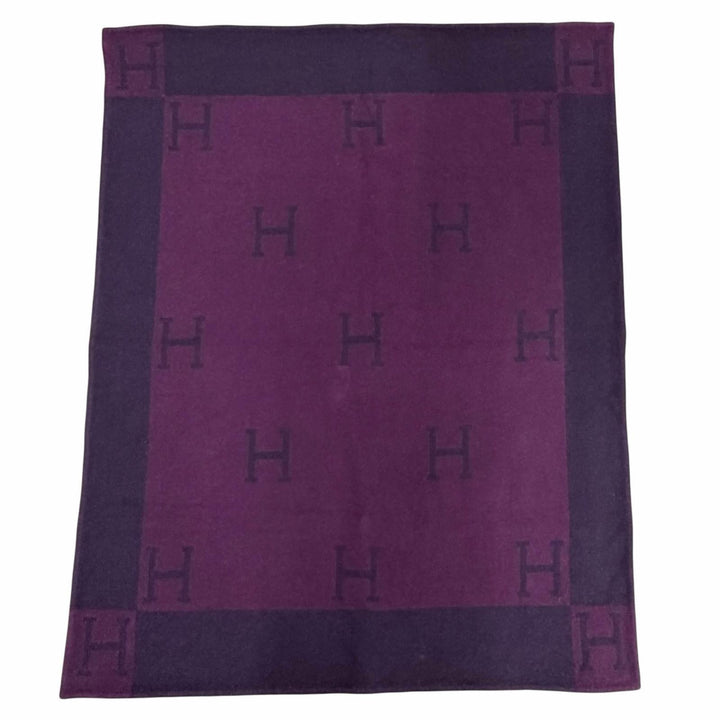 美品△HERMES エルメス ヴィンテージ アヴァロン Hロゴ カシミヤ混 大判 ブランケット パープル系 メンズ レディース オススメ◎