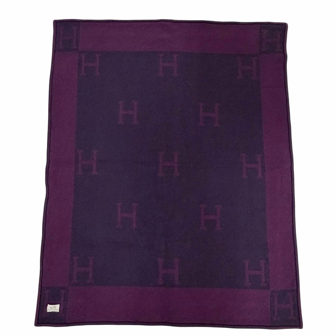 美品△HERMES エルメス ヴィンテージ アヴァロン Hロゴ カシミヤ混 大判 ブランケット パープル系 メンズ レディース オススメ◎