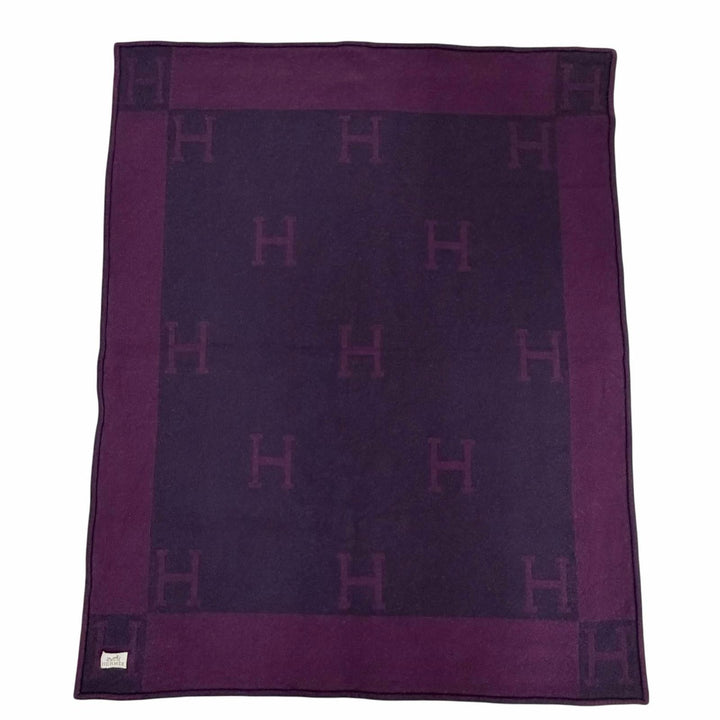 美品△HERMES エルメス ヴィンテージ アヴァロン Hロゴ カシミヤ混 大判 ブランケット パープル系 メンズ レディース オススメ◎