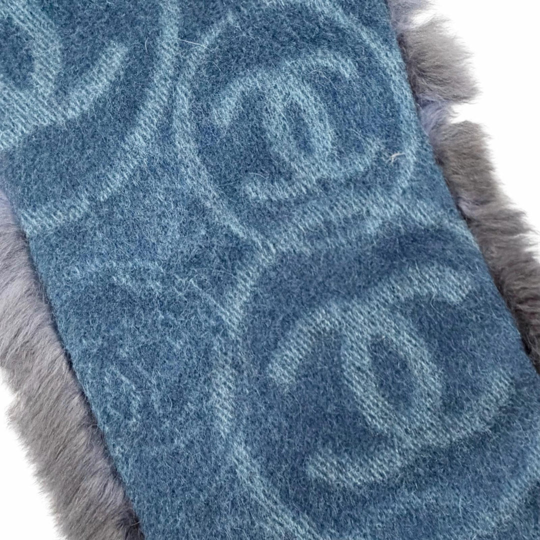 極美品△CHANEL シャネル 裏ココマーク総柄 カシミヤ100％ オリラグファー マフラー 本毛皮ショール パープル系 伊製 正規品 レディース
