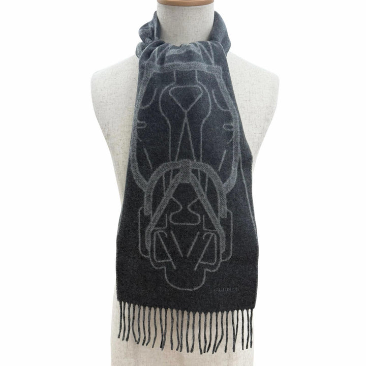 未使用品□HERMES エルメス テット・ア・テット・エケストル カシミヤ100％ ホース フリンジマフラー チャコールグレー 英国製 箱付き