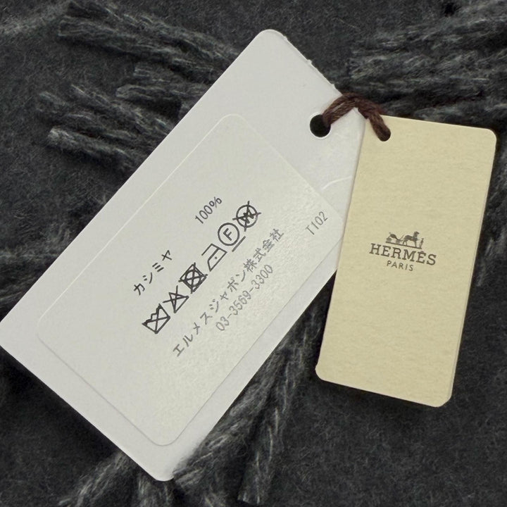 未使用品□HERMES エルメス テット・ア・テット・エケストル カシミヤ100％ ホース フリンジマフラー チャコールグレー 英国製 箱付き