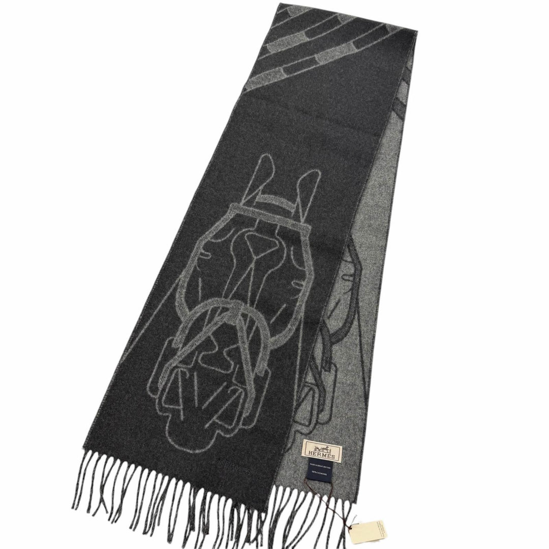 未使用品□HERMES エルメス テット・ア・テット・エケストル カシミヤ100％ ホース フリンジマフラー チャコールグレー 英国製 箱付き