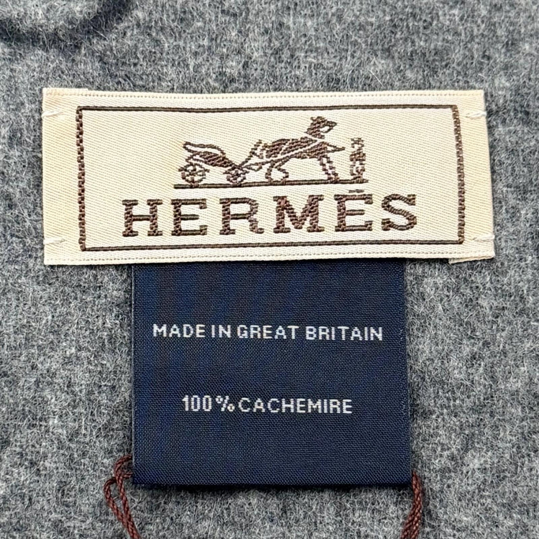 未使用品□HERMES エルメス テット・ア・テット・エケストル カシミヤ100％ ホース フリンジマフラー チャコールグレー 英国製 箱付き