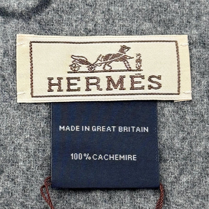未使用品□HERMES エルメス テット・ア・テット・エケストル カシミヤ100％ ホース フリンジマフラー チャコールグレー 英国製 箱付き