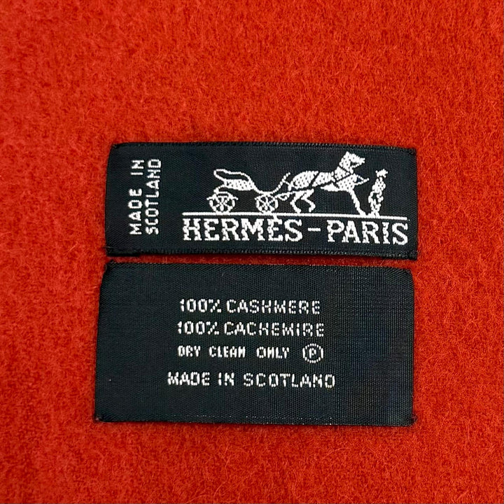 美品★HERMES エルメス カシミヤ100％ ロゴ刺繍 フリンジ付 大判 ストール ショール マフラー レッド系 スコットランド製 レディース