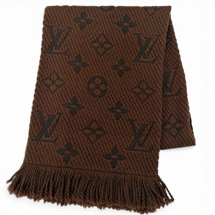 良品☆LOUIS VUITTON ルイヴィトン 413287 エシャルプ・ロゴマニア ウール シルク マフラー ブラウン イタリア製 正規品 レディース