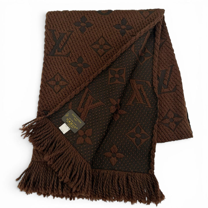 良品☆LOUIS VUITTON ルイヴィトン 413287 エシャルプ・ロゴマニア ウール シルク マフラー ブラウン イタリア製 正規品 レディース