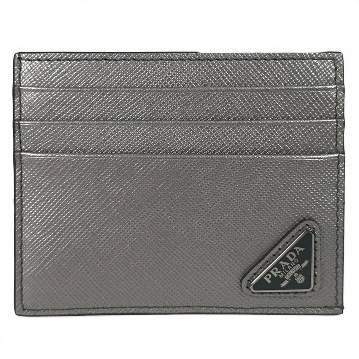 極美品▲PRADA プラダ 1MC223 サフィアーノレザー 三角プレート トライアングルロゴ カードケース シルバー 箱付き イタリア製 レディース