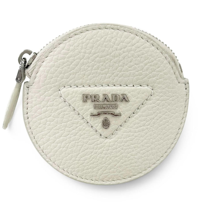 極美品▲PRADA プラダ 1MM006 PORTAMONETE ヴィッテロダイノトライアングルロゴ ラウンド コインケース ホワイト 伊製 レディース 箱付き