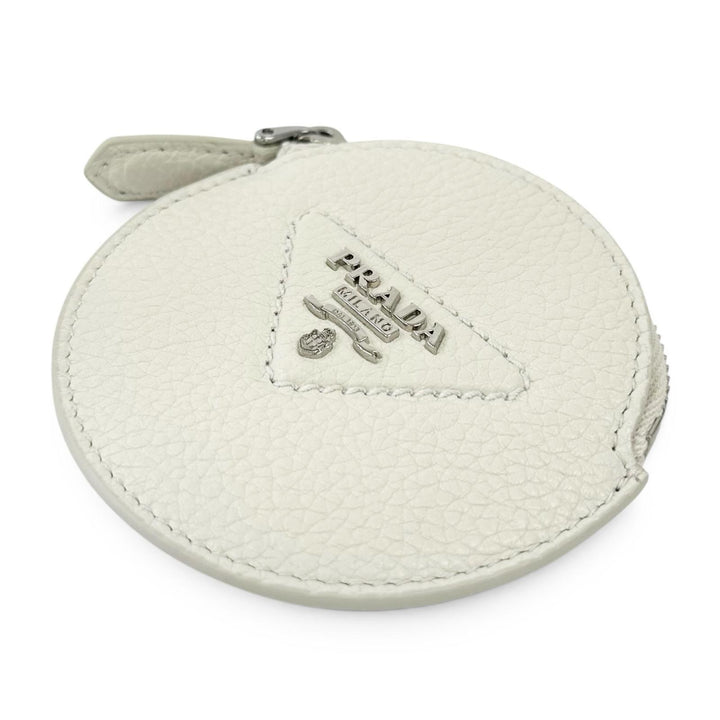 極美品▲PRADA プラダ 1MM006 PORTAMONETE ヴィッテロダイノトライアングルロゴ ラウンド コインケース ホワイト 伊製 レディース 箱付き