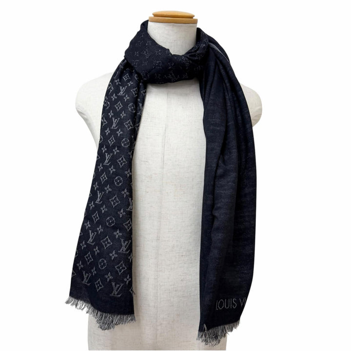 美品□LOUIS VUITTON ルイヴィトン M75354 エトール モノグラム シルク混 大判ストール ショール マフラー ブラック系 イタリア製 正規品