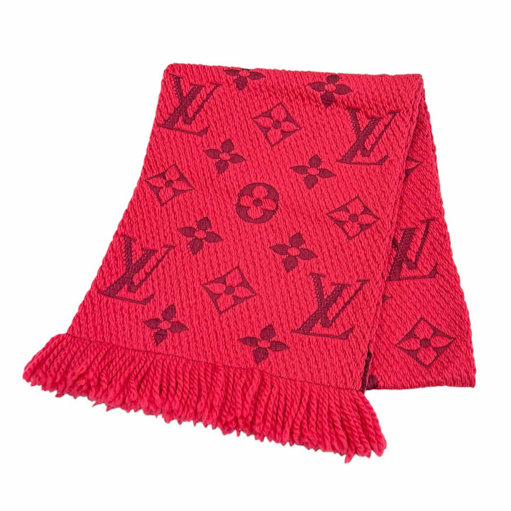 美品★LOUIS VUITTON ルイヴィトン M78769 エシャルプ ロゴマニア ウール シルク混 フューシャピンク フリンジ付 マフラー 伊製 正規品