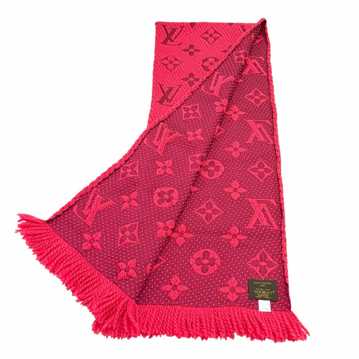 美品★LOUIS VUITTON ルイヴィトン M78769 エシャルプ ロゴマニア ウール シルク混 フューシャピンク フリンジ付 マフラー 伊製 正規品