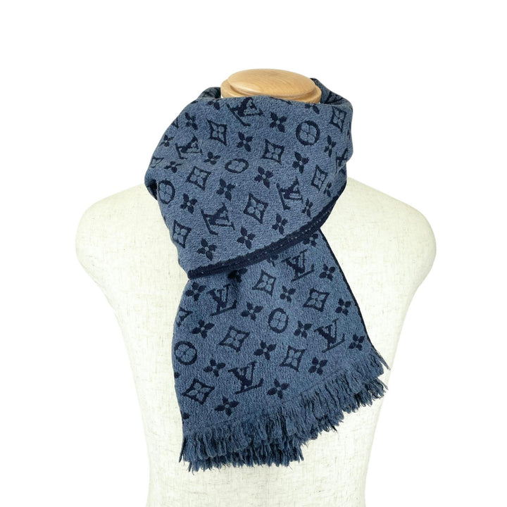 良品▲LOUIS VUITTON ルイヴィトン M78525 エシャルプ・モノグラム クラシック ウール100% マフラー ブルーマリーヌ 伊製 正規品 メンズ