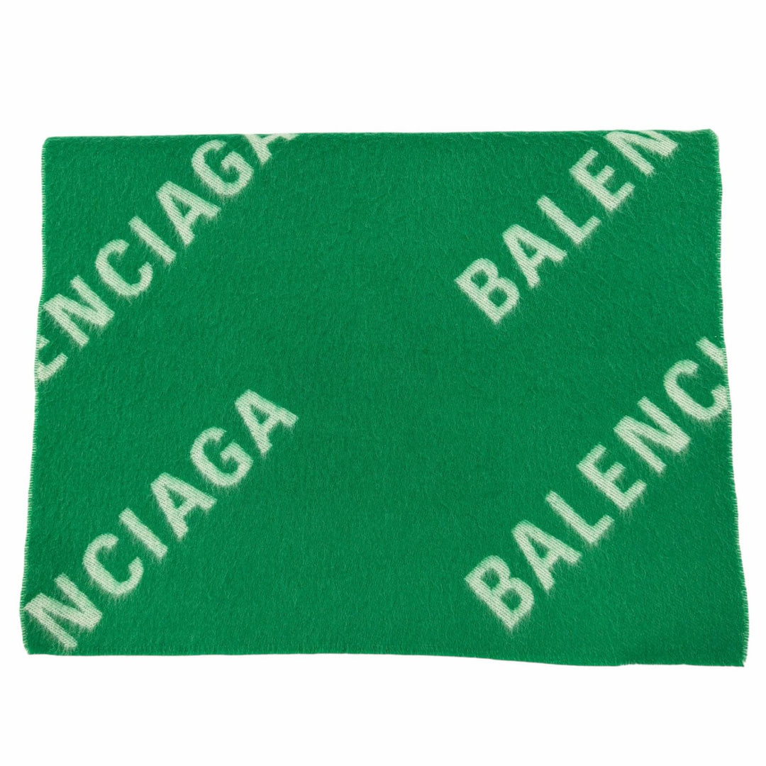 極美品▼BALENCIAGA バレンシアガ 685514 ウール100% オールオーバー ロゴ柄 大判ストール マフラー グリーン イタリア製 正規品 メンズ