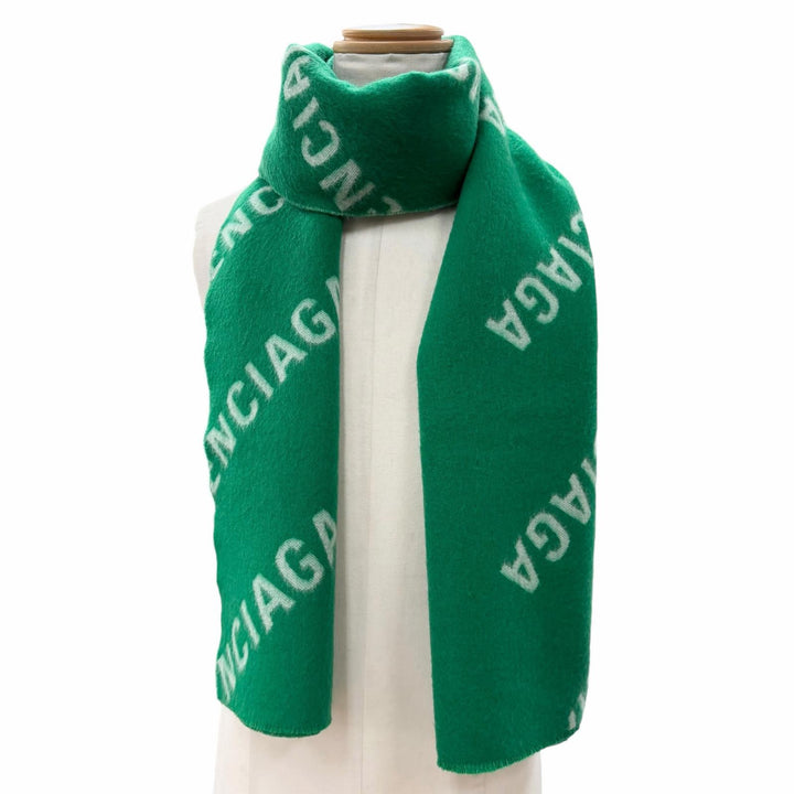 極美品▼BALENCIAGA バレンシアガ 685514 ウール100% オールオーバー ロゴ柄 大判ストール マフラー グリーン イタリア製 正規品 メンズ