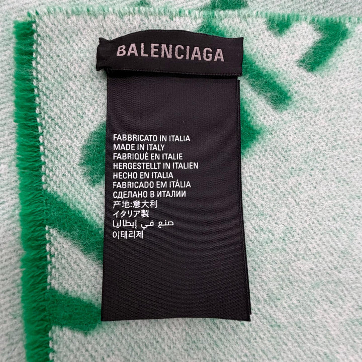 極美品▼BALENCIAGA バレンシアガ 685514 ウール100% オールオーバー ロゴ柄 大判ストール マフラー グリーン イタリア製 正規品 メンズ