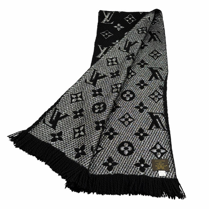 美品★LOUIS VUITTON ルイヴィトン M75833 エシャルプ ロゴマニア シャイン ウール シルク混 フリンジ付 マフラー ブラック 正規品