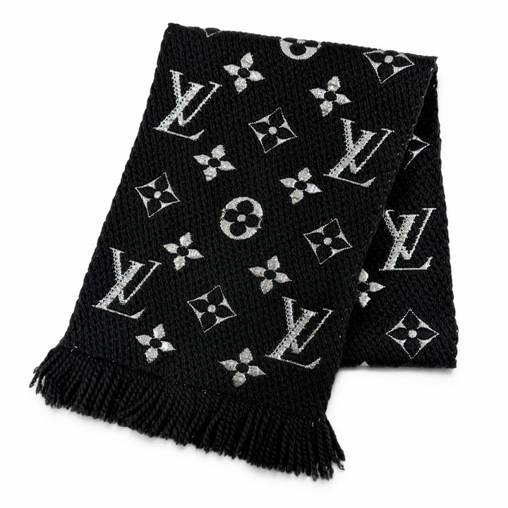 美品△LOUIS VUITTON ルイヴィトン M75833 エシャルプ ロゴマニア シャイン ウール シルク マフラー ブラック イタリア製 正規品 箱付き
