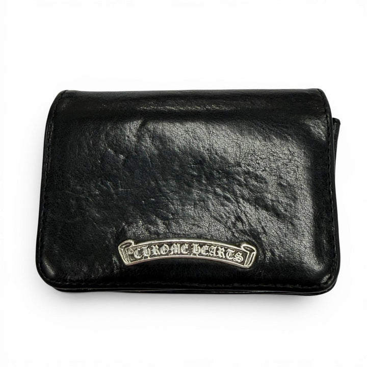 良品▼CHROME HEARTS クロムハーツ レザー 925 3ポケット スクロールラベルプレート 二つ折り 名刺入 パスケース カードケース ブラック