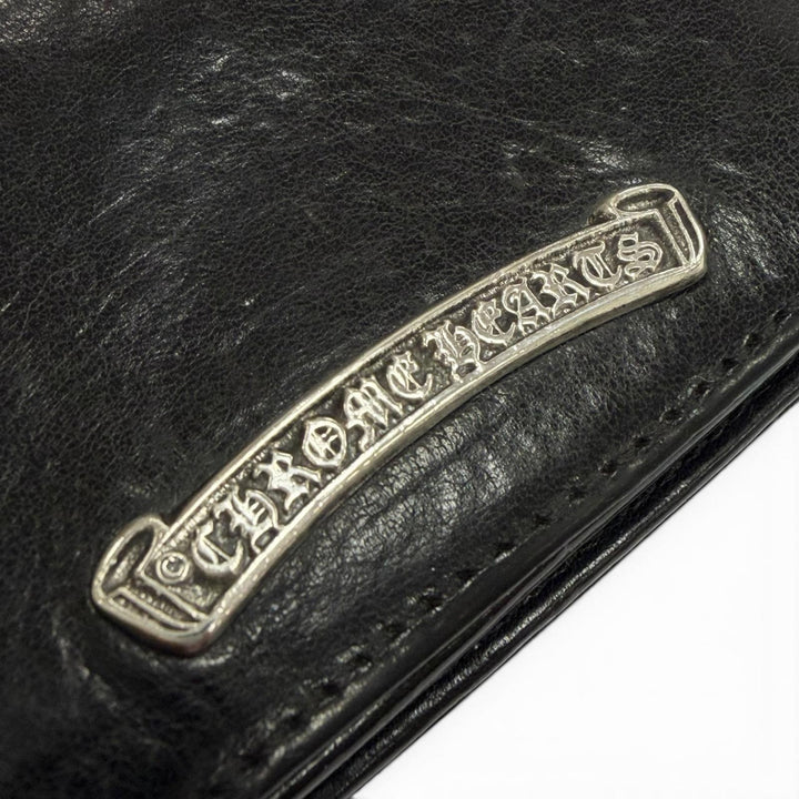 良品▼CHROME HEARTS クロムハーツ レザー 925 3ポケット スクロールラベルプレート 二つ折り 名刺入 パスケース カードケース ブラック