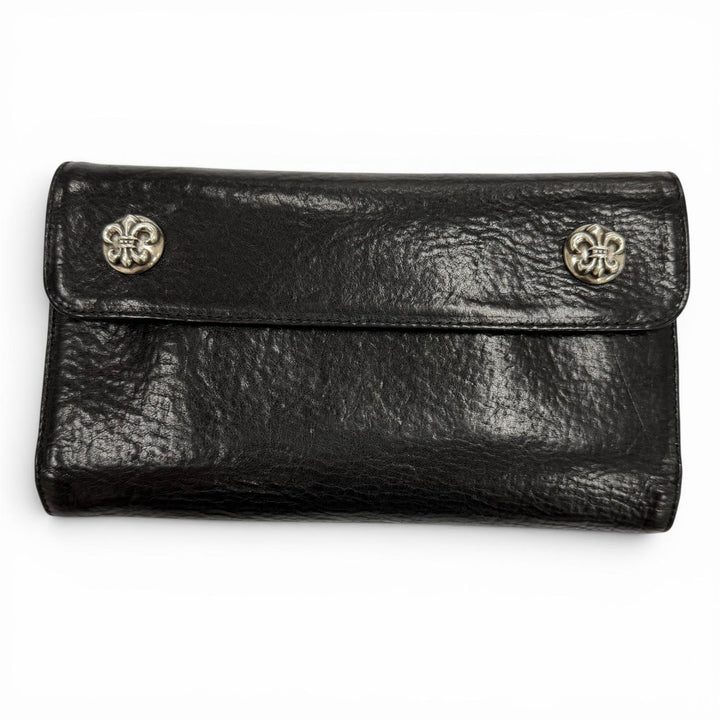 美品▼CHROME HEARTS クロムハーツ WAVE BS FLUER レザー BSフレアボタン ダガージップ ウェーブ レザーウォレット 三つ折り長財布