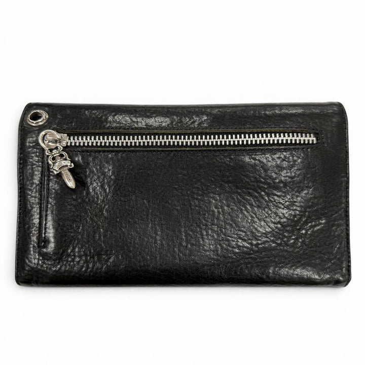 美品▼CHROME HEARTS クロムハーツ WAVE BS FLUER レザー BSフレアボタン ダガージップ ウェーブ レザーウォレット 三つ折り長財布