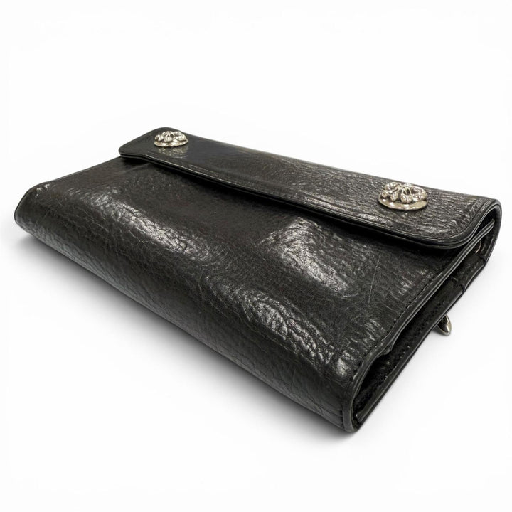 美品▼CHROME HEARTS クロムハーツ WAVE BS FLUER レザー BSフレアボタン ダガージップ ウェーブ レザーウォレット 三つ折り長財布