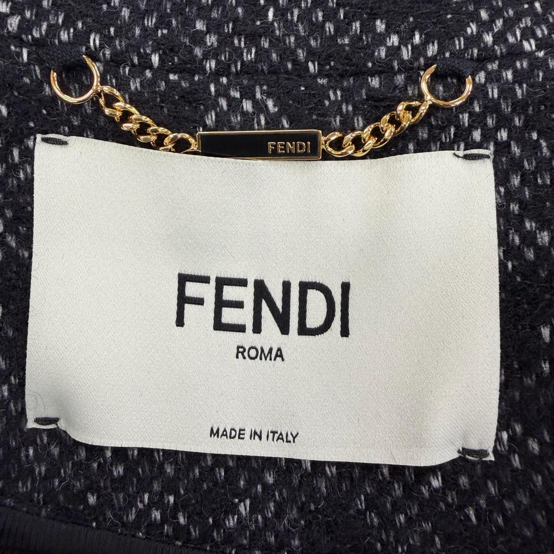 未使用品☆FENDI フェンディ 2023年製 FF9007 シルク混 アニマル柄 ツイードロングコート ブラック 38 イタリア製 正規品 レディース