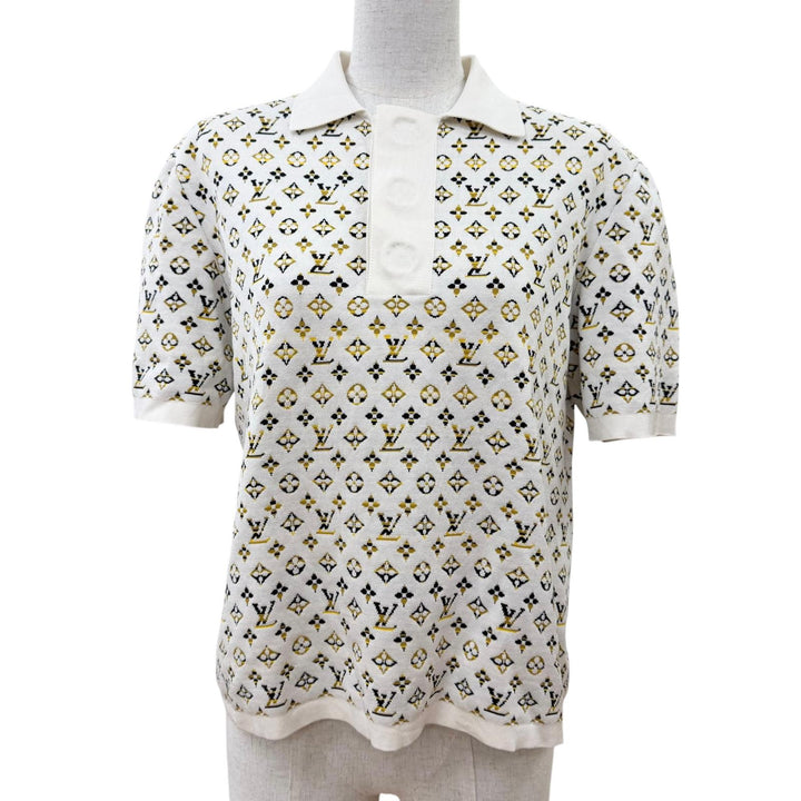 美品☆LOUIS VUITTON ルイヴィトン 23SS パイソンエフェクトモノグラムポロトップ シルク 半袖ニット ホワイト系 XS イタリア製 正規品