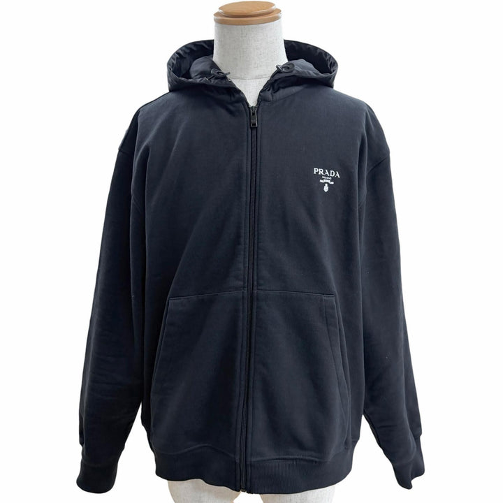 美品□PRADA プラダ UJL203 Re-Nylon コットン 素材切り替え ロゴプリント ジップアップパーカー フーディー ブラック L 正規品 メンズ