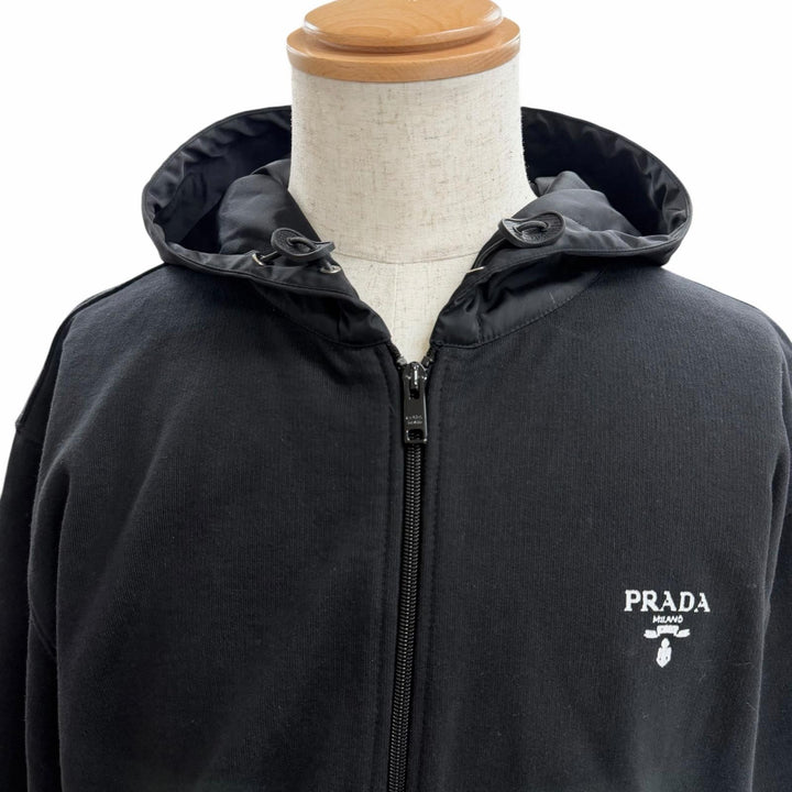 美品□PRADA プラダ UJL203 Re-Nylon コットン 素材切り替え ロゴプリント ジップアップパーカー フーディー ブラック L 正規品 メンズ