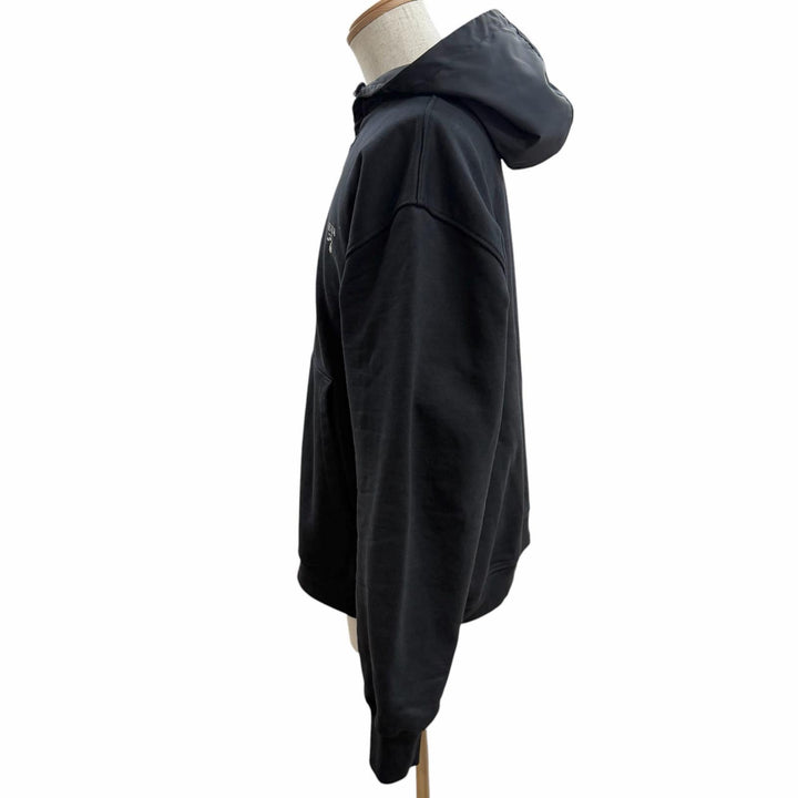 美品□PRADA プラダ UJL203 Re-Nylon コットン 素材切り替え ロゴプリント ジップアップパーカー フーディー ブラック L 正規品 メンズ