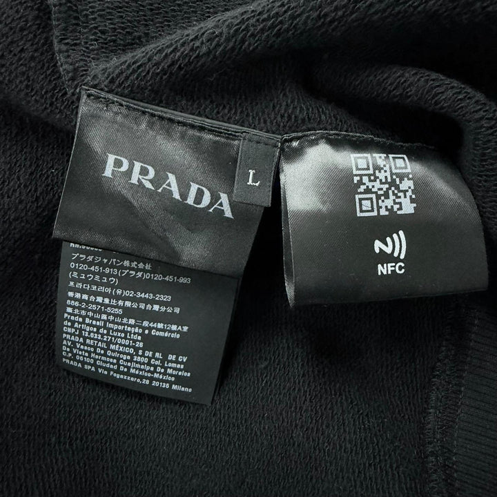 美品□PRADA プラダ UJL203 Re-Nylon コットン 素材切り替え ロゴプリント ジップアップパーカー フーディー ブラック L 正規品 メンズ