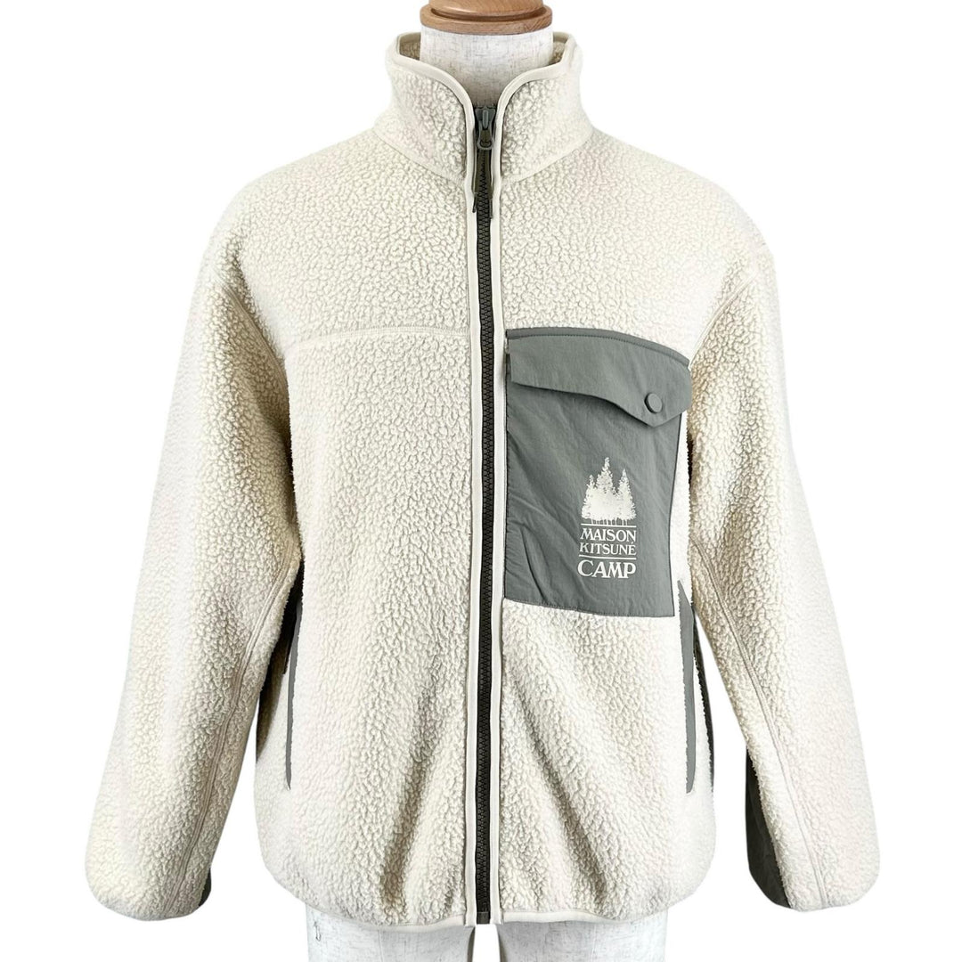 美品▲MAISON KITSUNE メゾンキツネ PM02136WM2031 ロゴプリント ジップアップ フリース ジャケット アイボリー S 正規品 メンズ