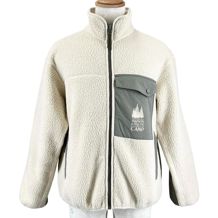 美品▲MAISON KITSUNE メゾンキツネ PM02136WM2031 ロゴプリント ジップアップ フリース ジャケット アイボリー S 正規品 メンズ