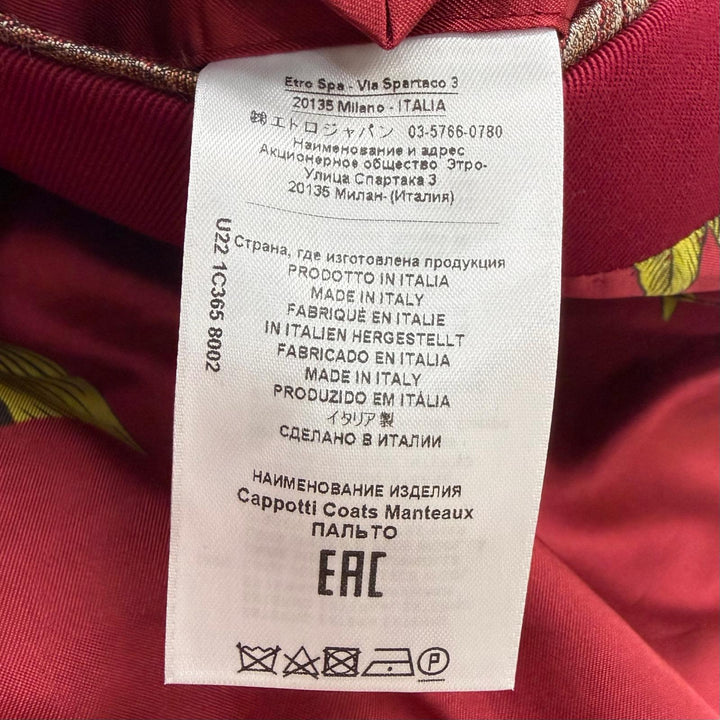 極美品□ETRO エトロ 22AW ウール100％ 裏地ジャングルプリント チェスターコート ロングコート ボルドー 50 イタリア製 正規品 メンズ