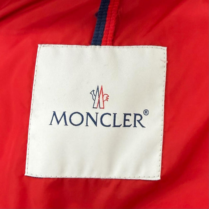美品□MONCLER モンクレール MONTCLAR GIUBBOTTO フードロゴ刺繍 エンブロイダリー ダウンジャケット レッド 2 ブルガリア製 正規品