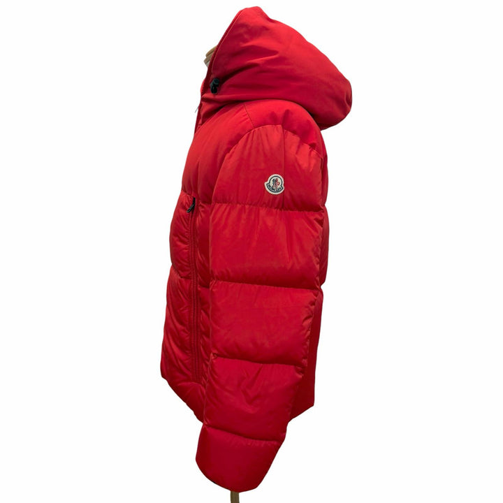 美品□MONCLER モンクレール MONTCLAR GIUBBOTTO フードロゴ刺繍 エンブロイダリー ダウンジャケット レッド 2 ブルガリア製 正規品