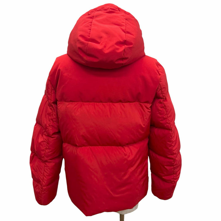 美品□MONCLER モンクレール MONTCLAR GIUBBOTTO フードロゴ刺繍 エンブロイダリー ダウンジャケット レッド 2 ブルガリア製 正規品