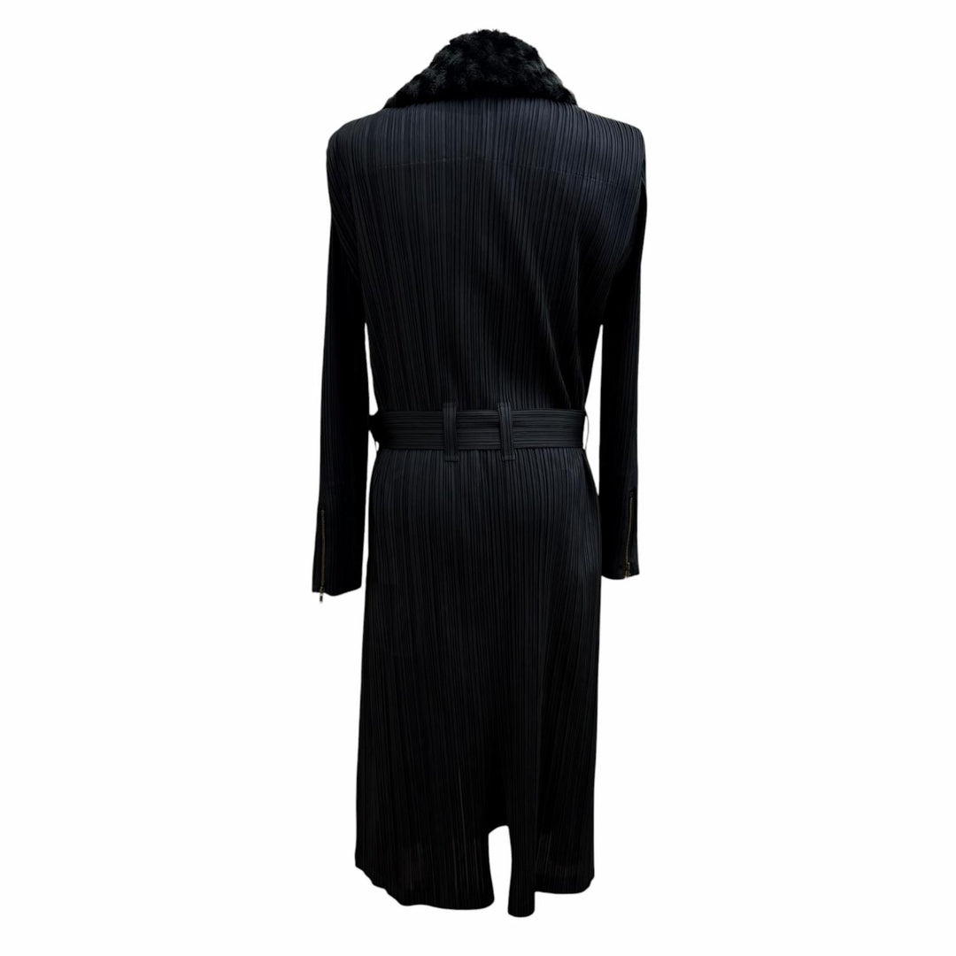 美品★PLEATS PLEASE プリーツプリーズ イッセイミヤケ PP33-JA442 ベルト付 襟元エコファー ジップアップ コート ブラック 3 正規品