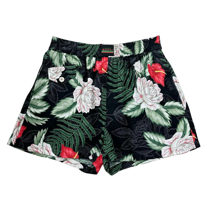 美品▲GUCCI グッチ 619508 シルク100% ロゴボタン ハワイアンプリント ショート パンツ グリーン 38 イタリア製 正規品 レディース