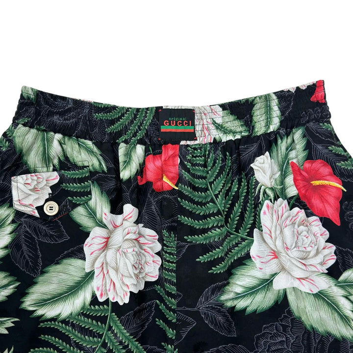 美品▲GUCCI グッチ 619508 シルク100% ロゴボタン ハワイアンプリント ショート パンツ グリーン 38 イタリア製 正規品 レディース