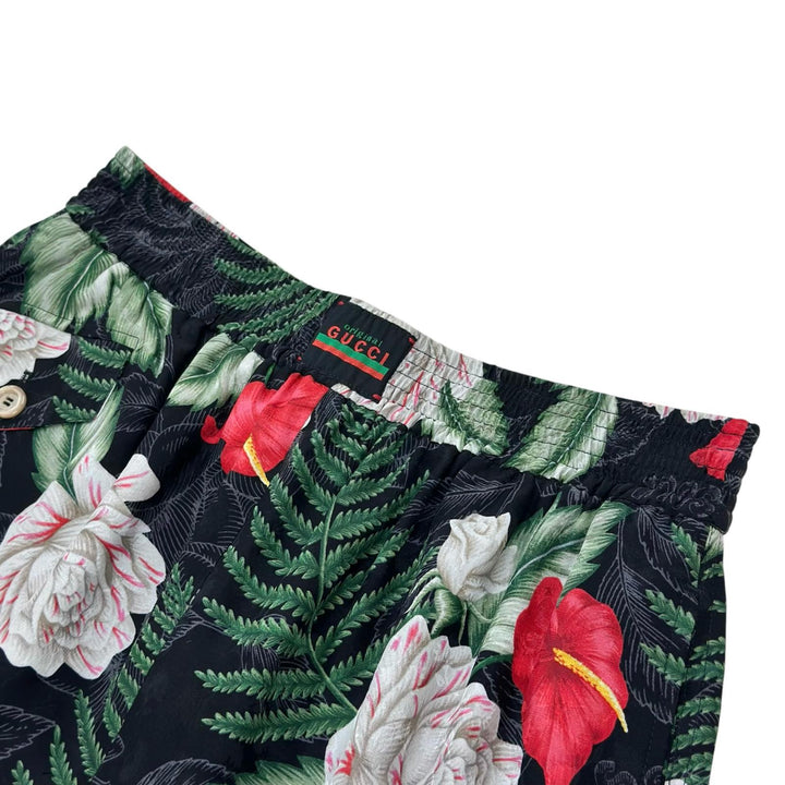 美品▲GUCCI グッチ 619508 シルク100% ロゴボタン ハワイアンプリント ショート パンツ グリーン 38 イタリア製 正規品 レディース