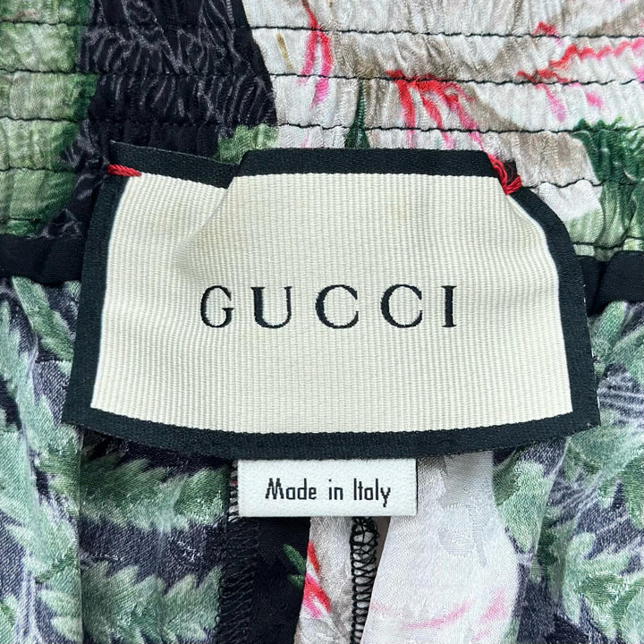 美品▲GUCCI グッチ 619508 シルク100% ロゴボタン ハワイアンプリント ショート パンツ グリーン 38 イタリア製 正規品 レディース