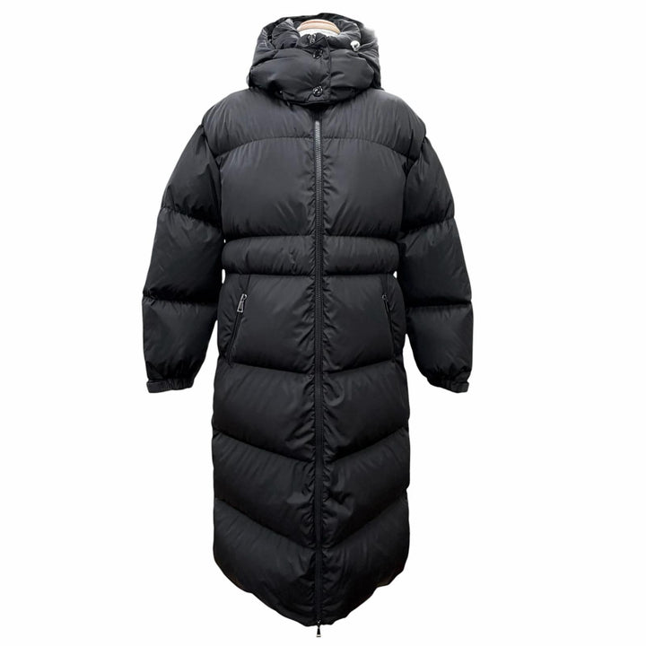 美品△MONCLER モンクレール 20-21AW F20931D52800 TIAM ロゴワッペン フード付き ロング ダウンコート ブラック 0 正規品 レディース