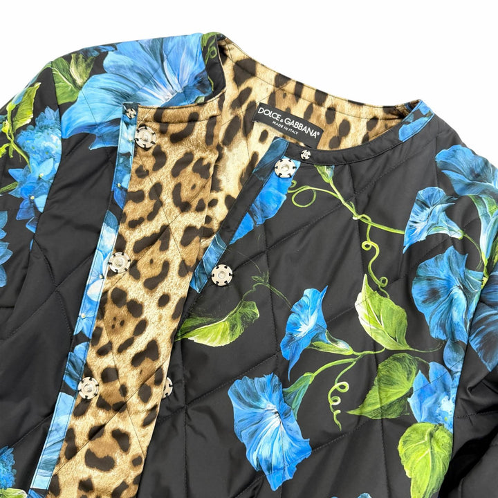 極美品△DOLCE&amp;GABBANA ドルチェ＆ガッバーナ F0D1BT フローラルプリント 裏地レオパード柄 ノーカラー キルティングコート 40 正規品
