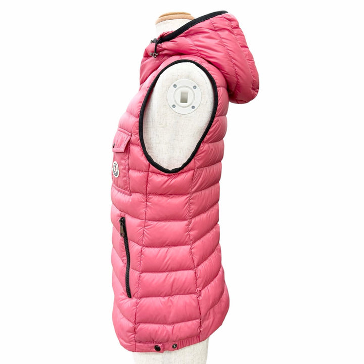 美品△MONCLER モンクレール 2021年製 H10931A00062 GLYCO ロゴワッペン フード付き ZIP UP ダウンベスト ピンク 1 正規品 レディース
