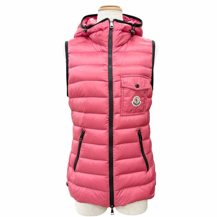 美品△MONCLER モンクレール 2021年製 H10931A00062 GLYCO ロゴワッペン フード付き ZIP UP ダウンベスト ピンク 1 正規品 レディース